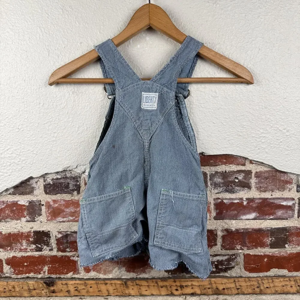 Vintage Liberty Overalls Shorts 12-18M Hickory Stripe Distressed USA 70s 80s